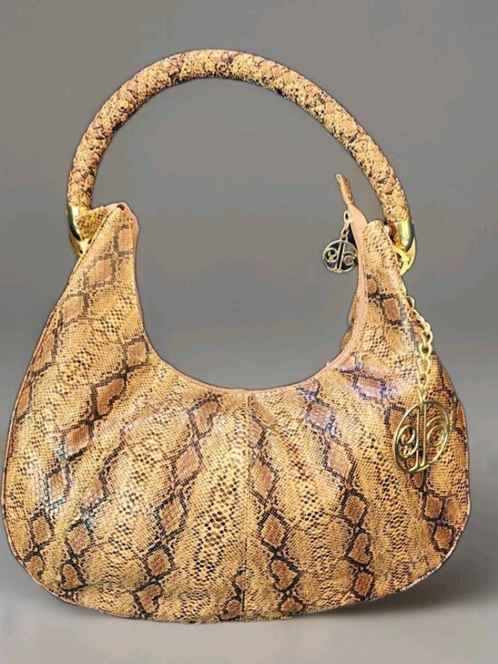 Calla Handbags - Calla Faux Snakeskin Hobo Handbag Golden Brown Python Print Studded Charm Y2K